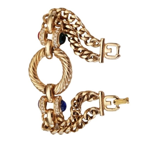 Gold Tone Clear Rhinestone Cab Dual Chain Ribbed Rope Center 8"Long Bracelet L54 - Picture 7 of 10